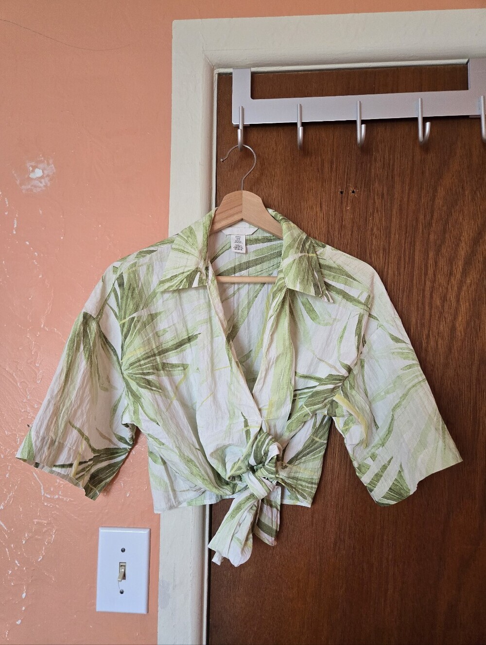 H&M White Green Palm-Print Tie-Front Tropical Crop Top XS - Picture 2 of 8